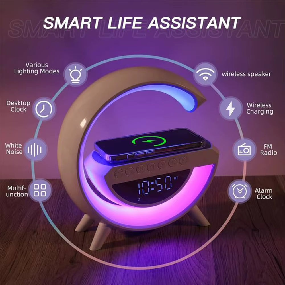 GlowG: Lámpara 6 en 1 con Carga Inalámbrica, Sonido Bluetooth, Radio y Luz Multicolor