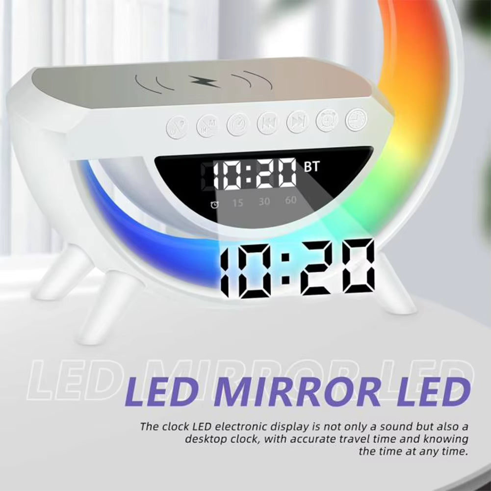 GlowG: Lámpara 6 en 1 con Carga Inalámbrica, Sonido Bluetooth, Radio y Luz Multicolor