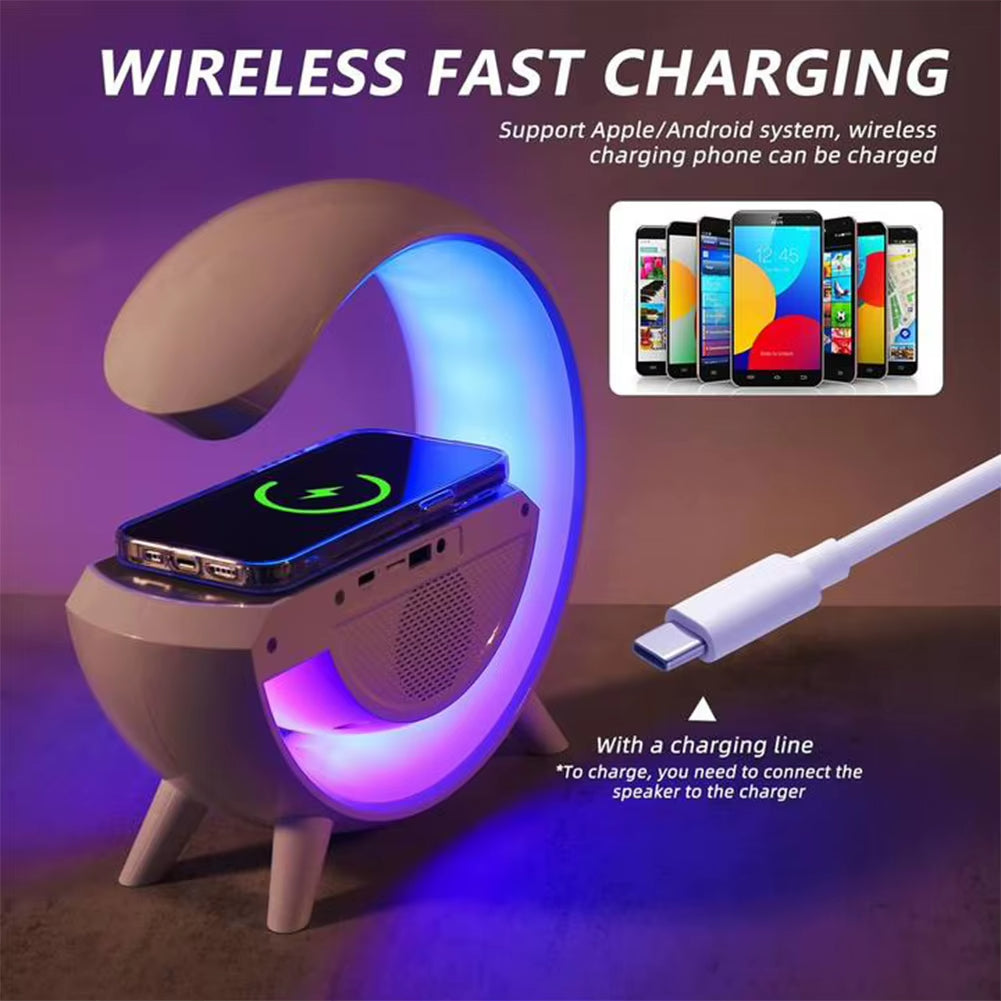 GlowG: Lámpara 6 en 1 con Carga Inalámbrica, Sonido Bluetooth, Radio y Luz Multicolor