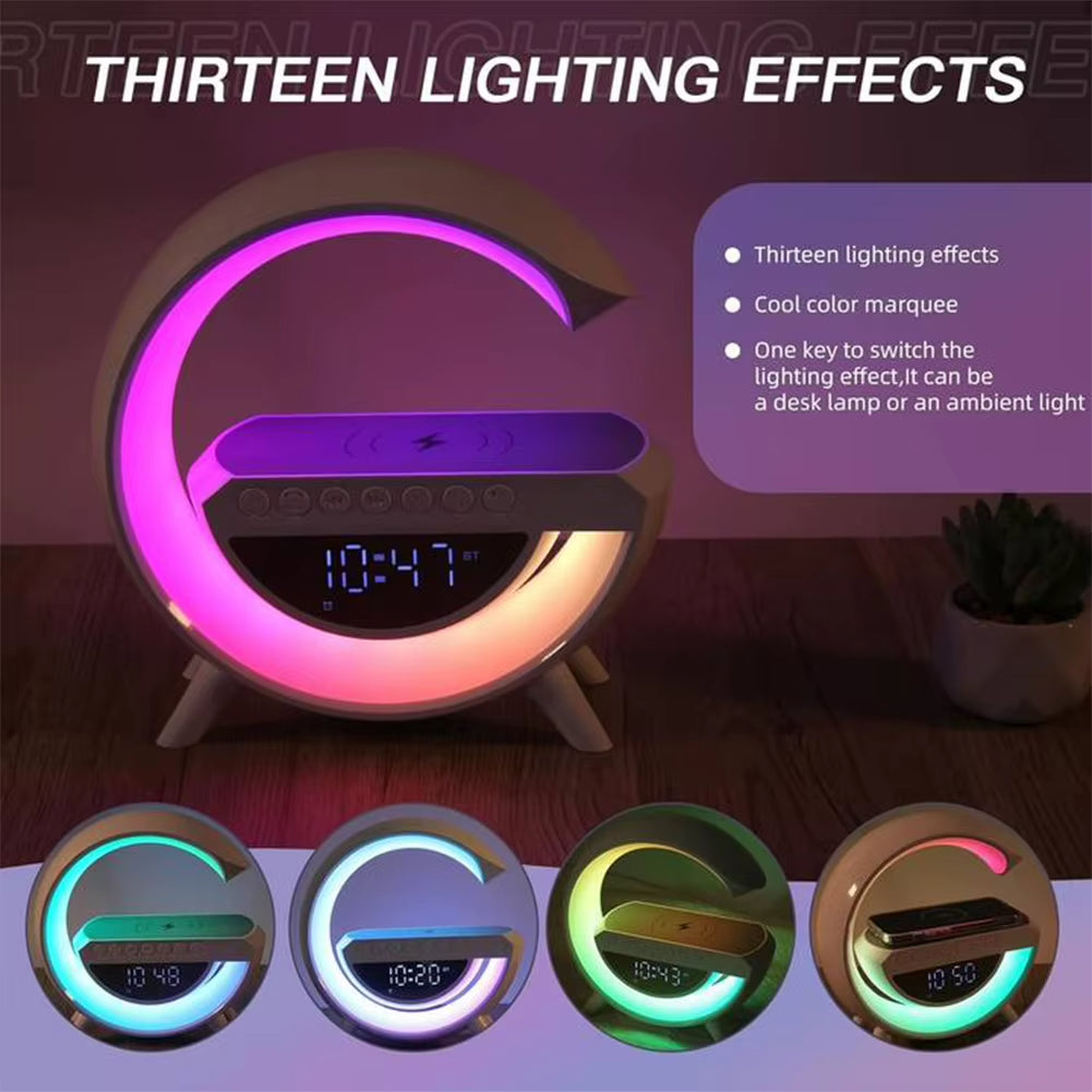 GlowG: Lámpara 6 en 1 con Carga Inalámbrica, Sonido Bluetooth, Radio y Luz Multicolor