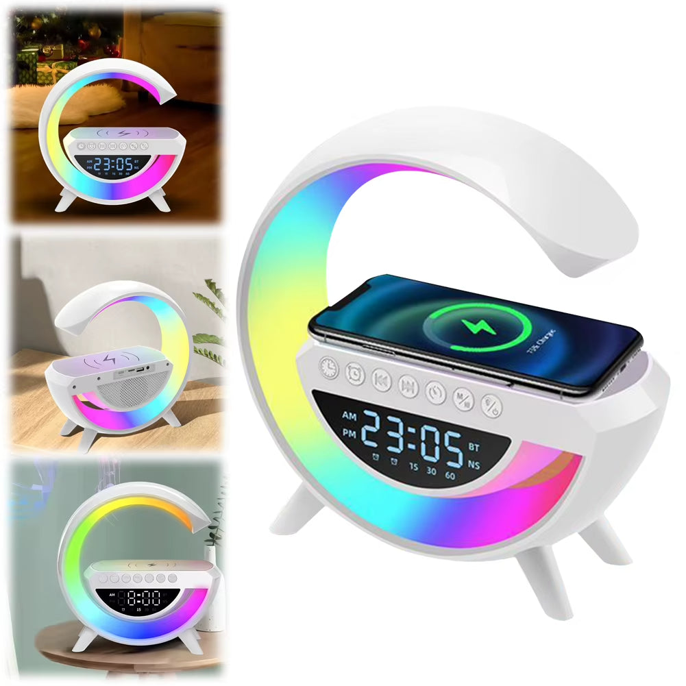 GlowG: Lámpara 6 en 1 con Carga Inalámbrica, Sonido Bluetooth, Radio y Luz Multicolor