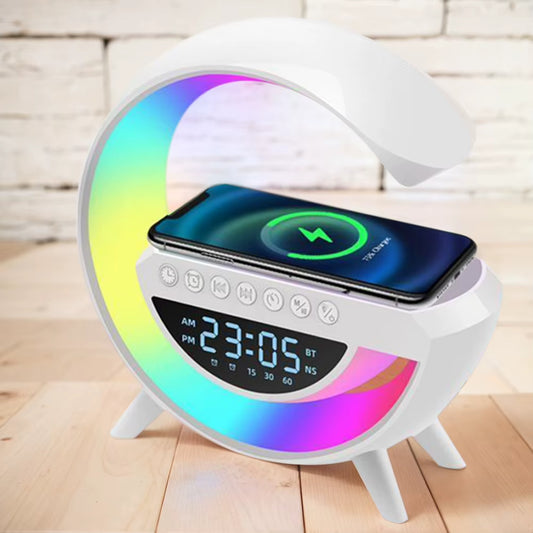 GlowG: Lámpara 6 en 1 con Carga Inalámbrica, Sonido Bluetooth, Radio y Luz Multicolor