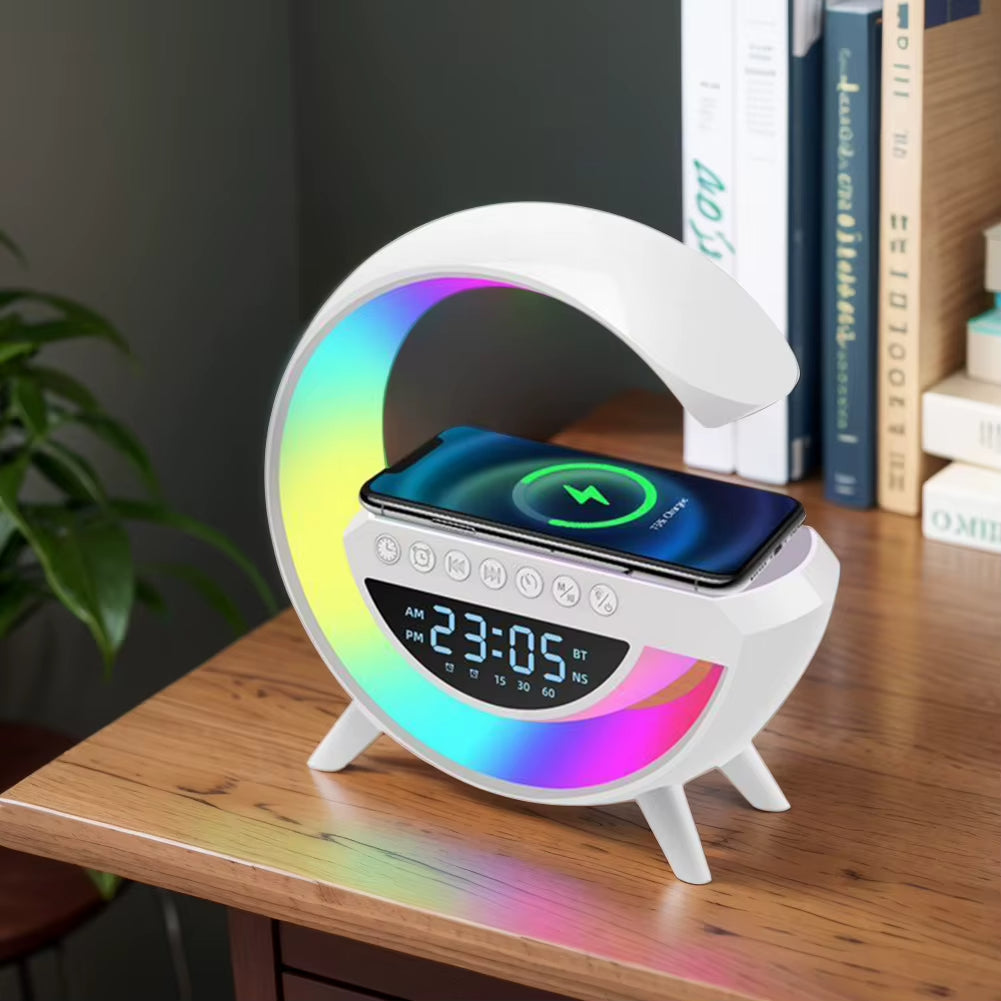 GlowG: Lámpara 6 en 1 con Carga Inalámbrica, Sonido Bluetooth, Radio y Luz Multicolor
