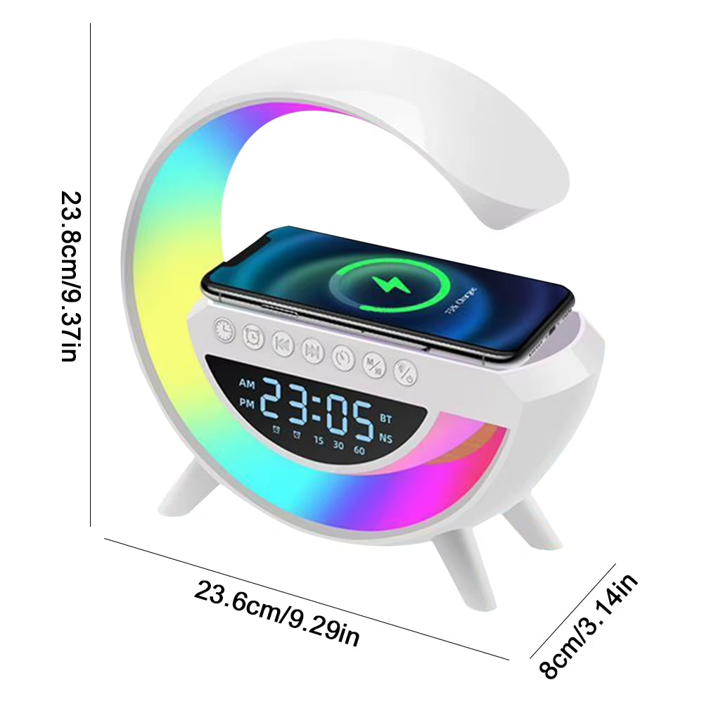 GlowG: Lámpara 6 en 1 con Carga Inalámbrica, Sonido Bluetooth, Radio y Luz Multicolor